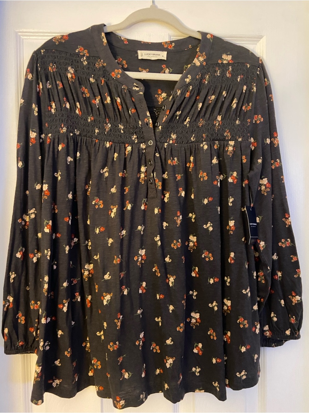 Lucky Brand Black Floral Smocked Yoke Blouse